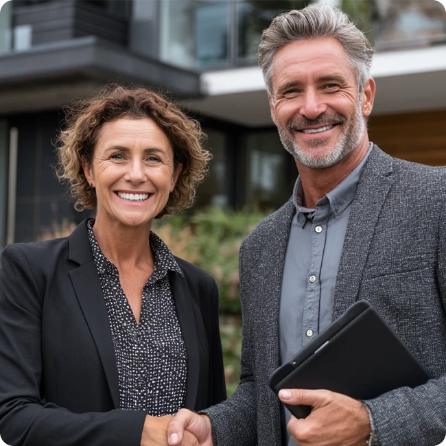 A smiling man and woman shake hands outdoors, standing in front of a modern building