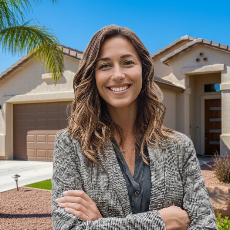 Smiling woman in a gray blazer stands in front of a house with a garage